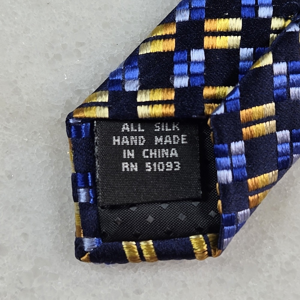 Allyn St. George Silk Tie Blue Gold Yellow Geometric Square Pattern Professional - Picture 5 of 7